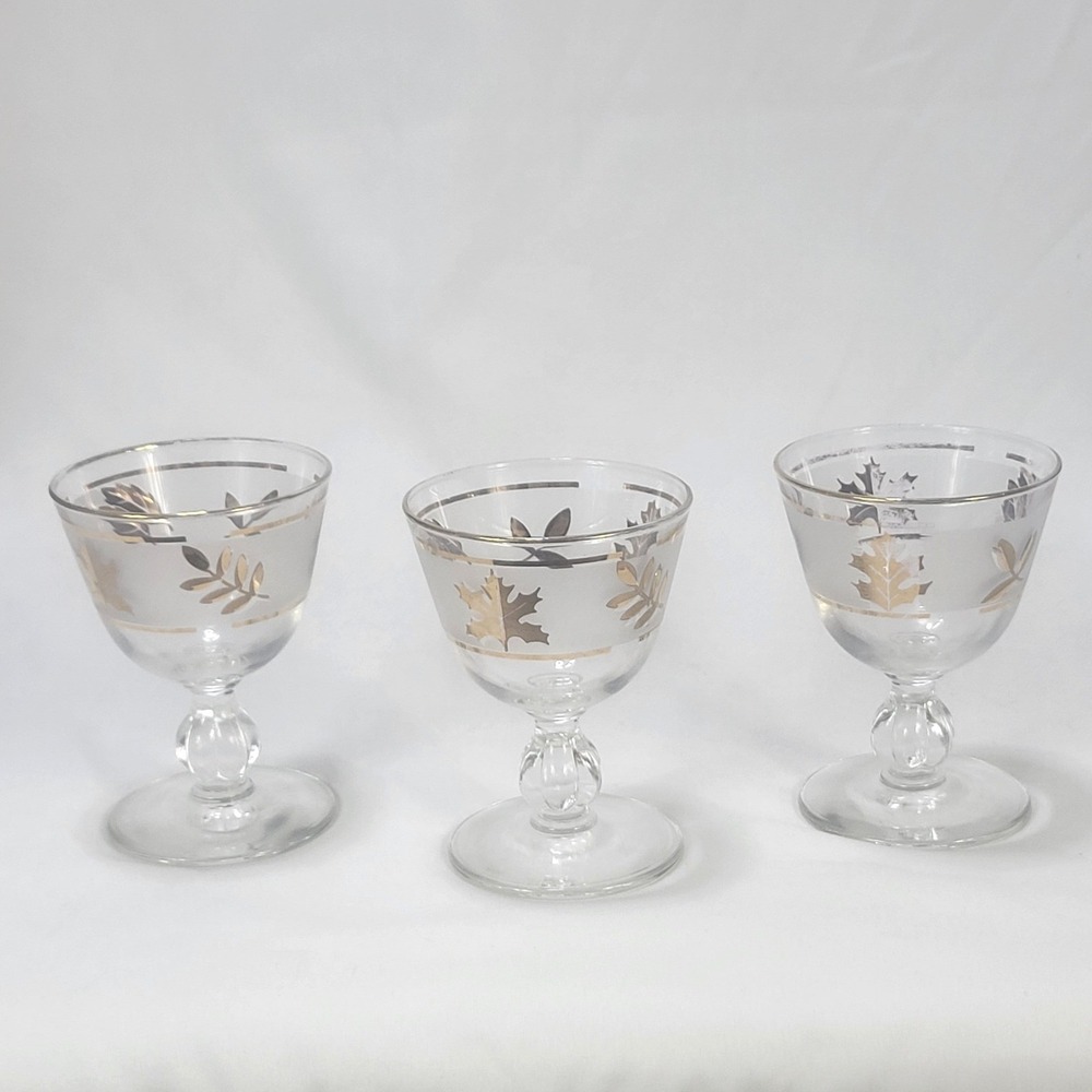 Libbey Golden Leaf Foliage Water Wine Cordial Glasses Set of 3 VTG MCM Frosted